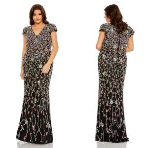 Mac Duggal 5751 Black Embellished Flutter Cap Sleeve V-Neck Gown Size 22W NWT